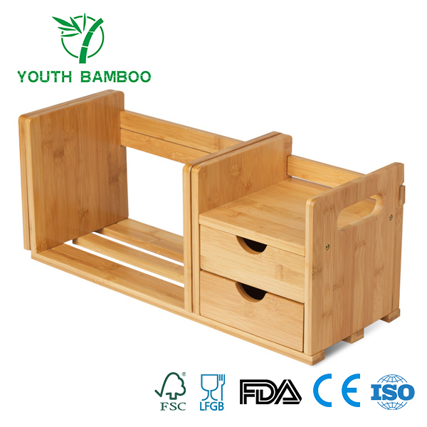 Bamboo Book Organizer Storage With 2 Drawer 