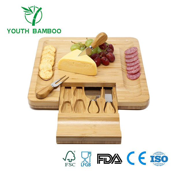 Bamboo Cheese Board Set with Hidden Slide Out Drawer 